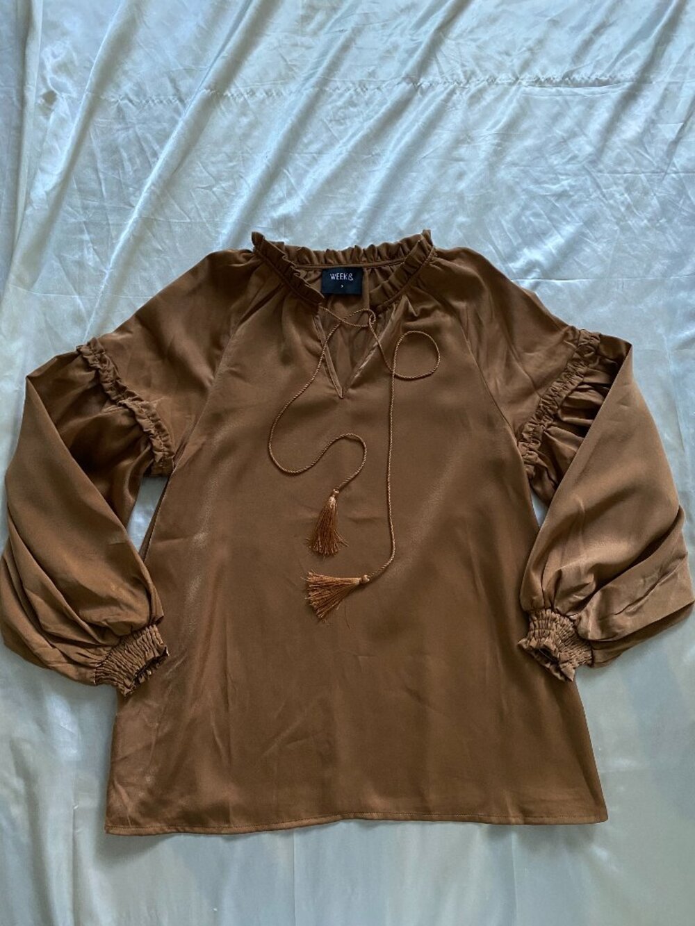 Week& Brown Copper Long Sleeve Peasnt Satin Boho Blouse Small
